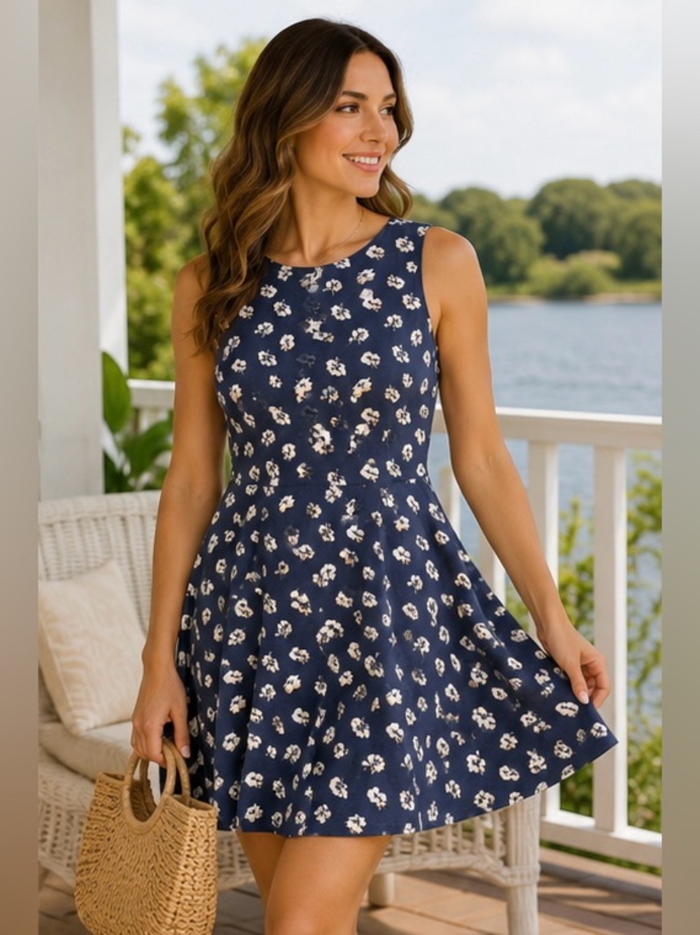 Lascana Floral Fit & Flare Dress Size 14 Blue White Sleeveless